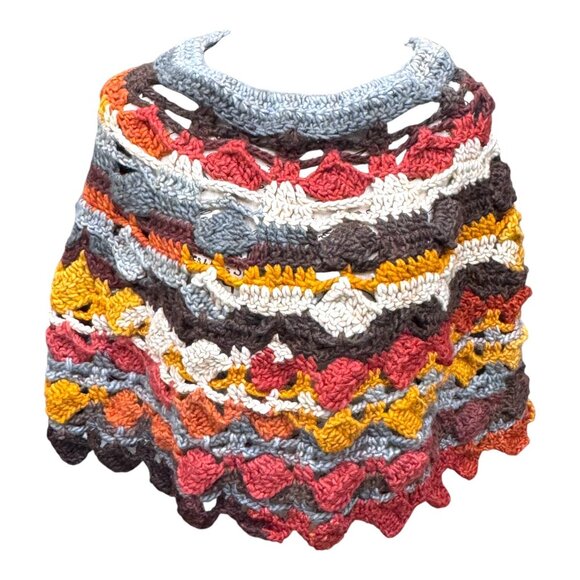 Handmade Crochet Poncho Shawl Shoulder Wrap Scalloped Edge Women One Size Boho - Picture 2 of 9